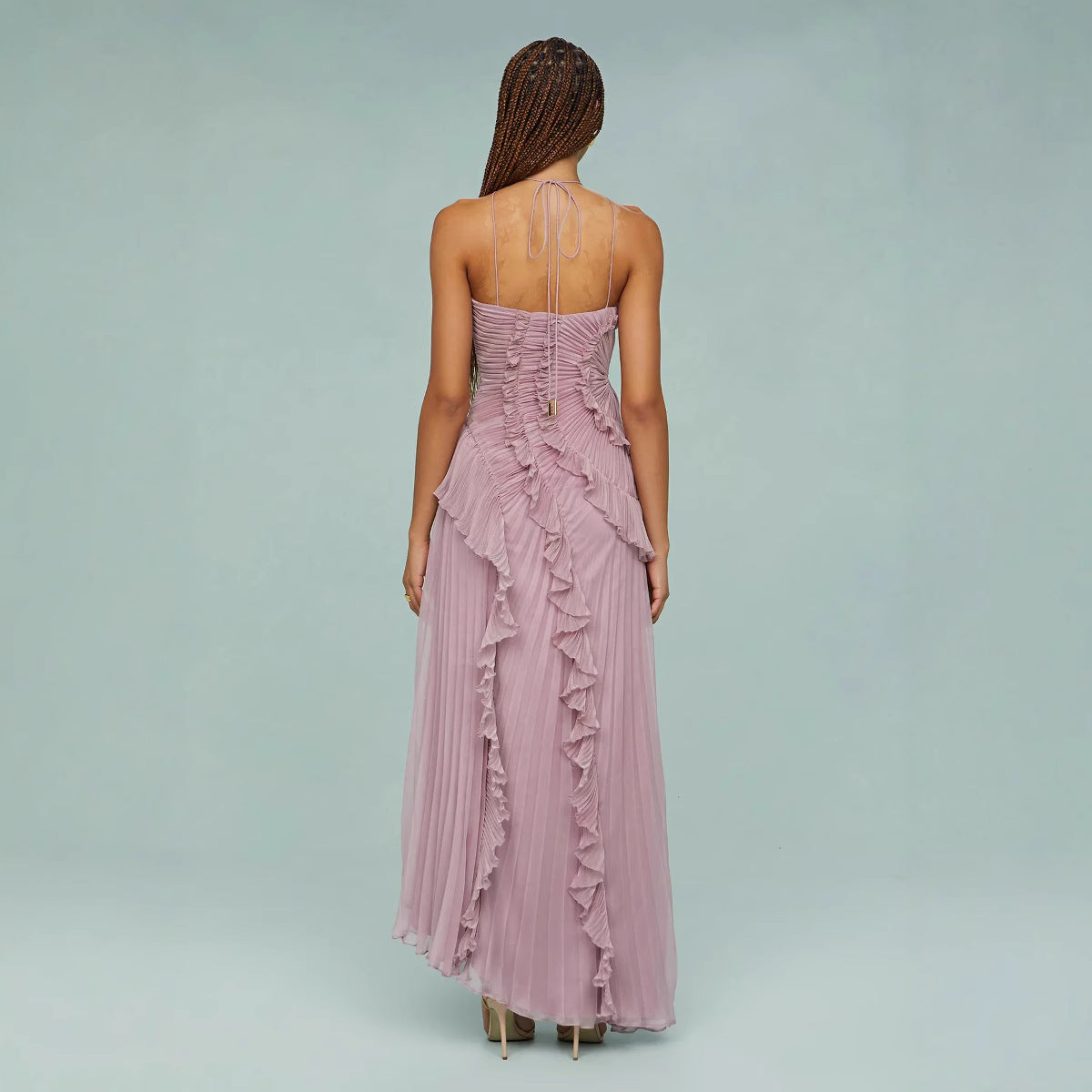 Maraike | Vestido Largo Plisado Con Volantes Y UN Solo Hombro