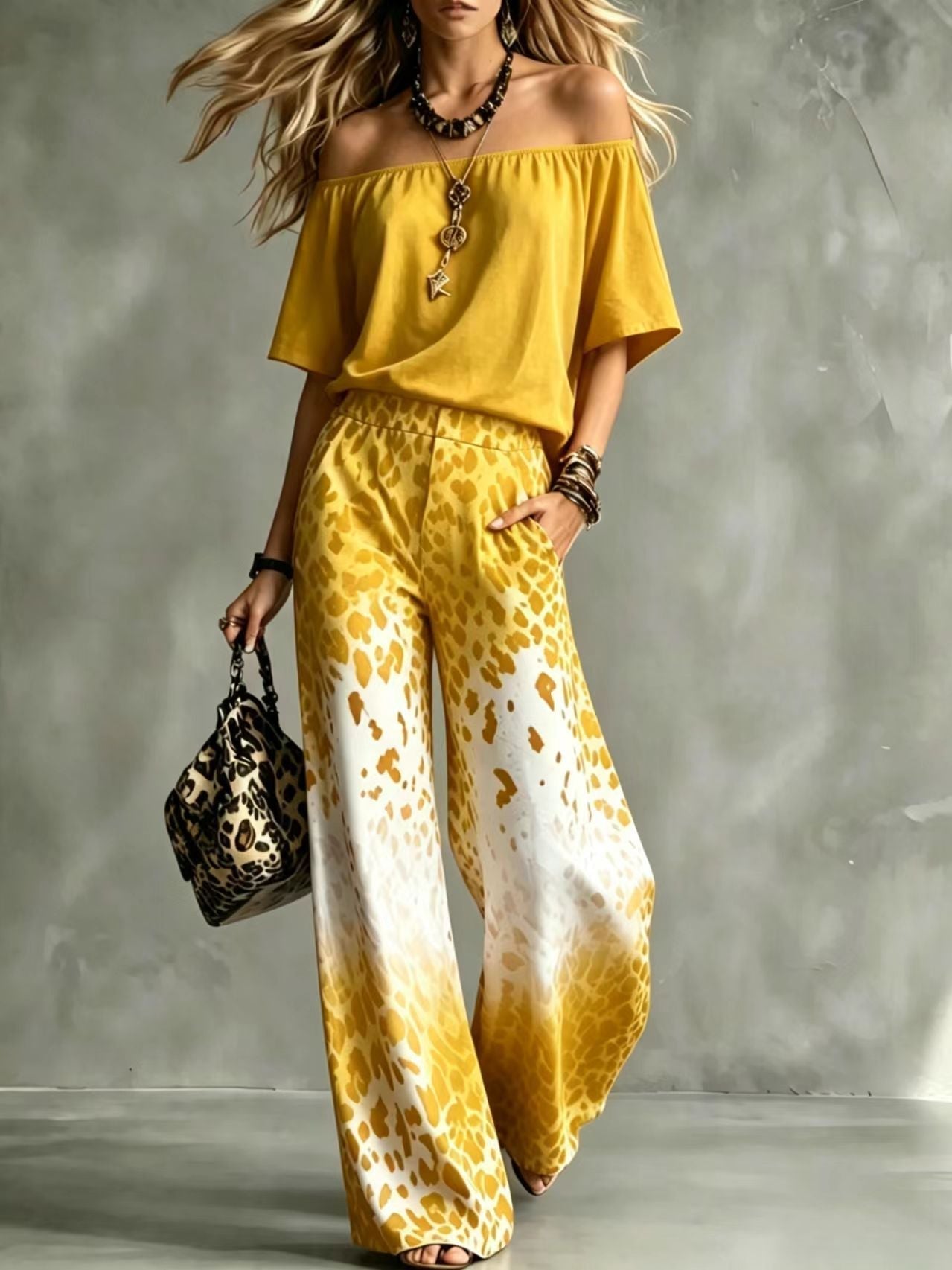 Rinia | Conjunto con Top Bardot y Pantalón Estampado