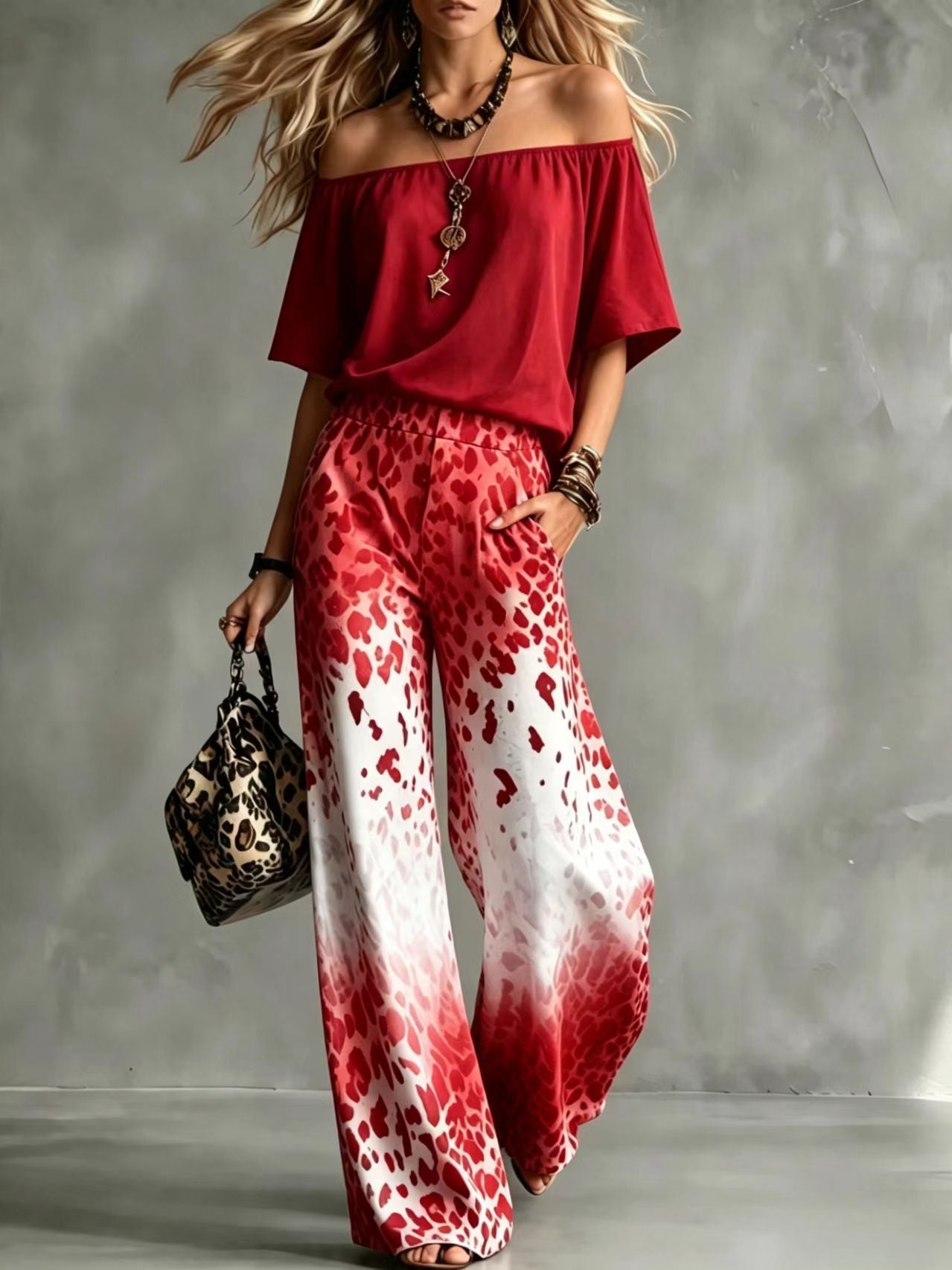 Rinia | Conjunto con Top Bardot y Pantalón Estampado