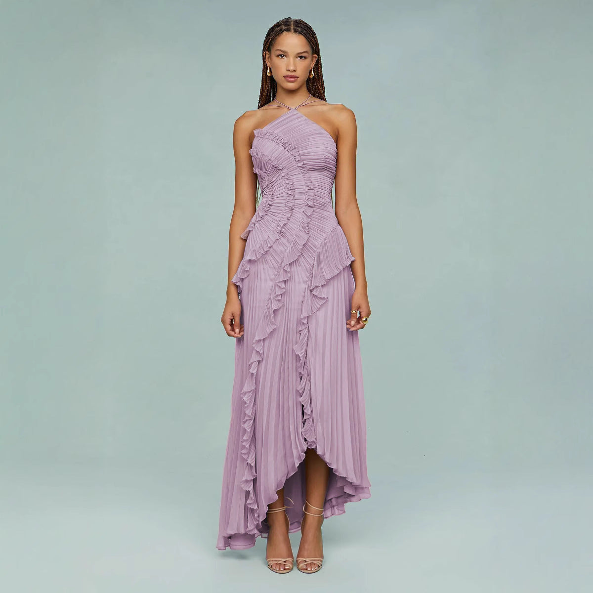 Maraike | Vestido Largo Plisado Con Volantes Y UN Solo Hombro