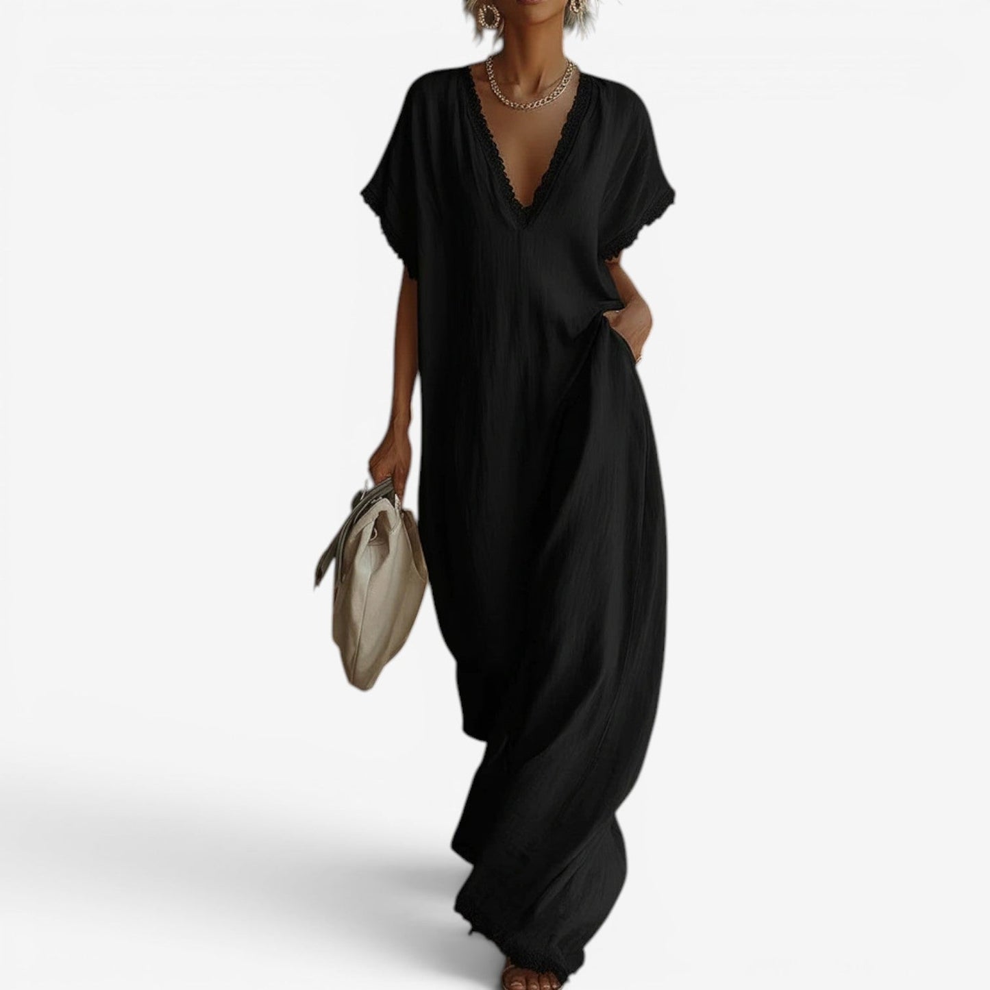 Farzana | Vestido Maxi Cuello V Con Encaje