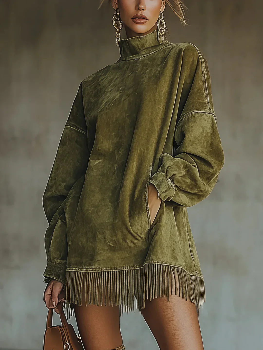Syanna | Sudadera Oversize de Cuello alto con Flecos en el Bajo