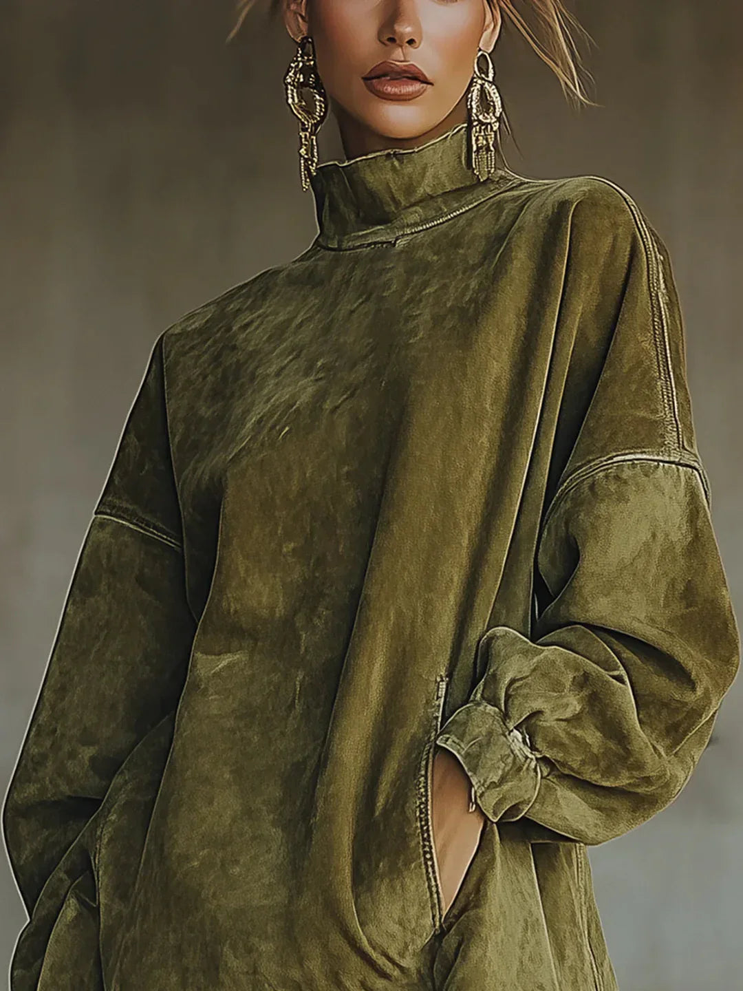 Syanna | Sudadera Oversize de Cuello alto con Flecos en el Bajo