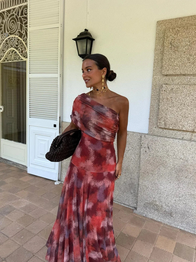 Dainia | Vestido largo con Hombros Descubiertos y bajo de Malla