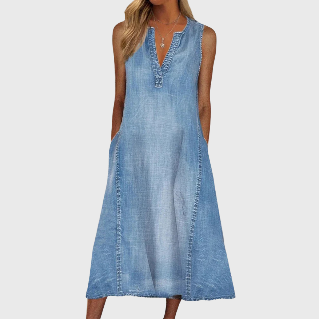 Renia | Vestido Azul Sin Mangas De Estilo Vaquero, Largo MIDI