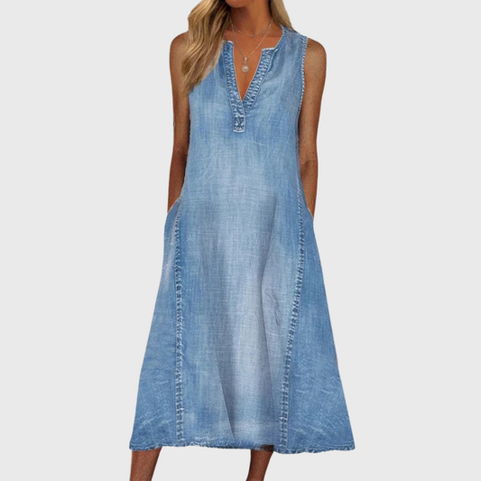 Renia | Vestido Azul Sin Mangas De Estilo Vaquero, Largo MIDI