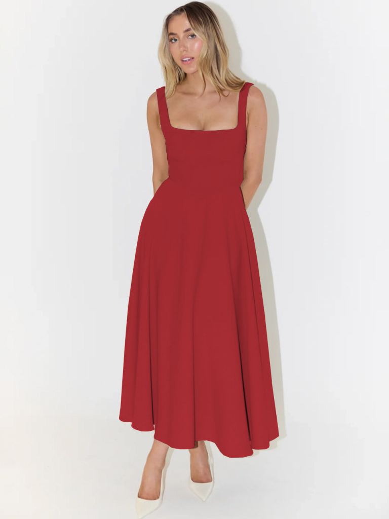 Zinovia | Vestido Midi Sin Mangas, Corte en a Y Escote Cuadrado