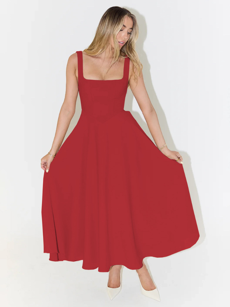 Zinovia | Vestido Midi Sin Mangas, Corte en a Y Escote Cuadrado