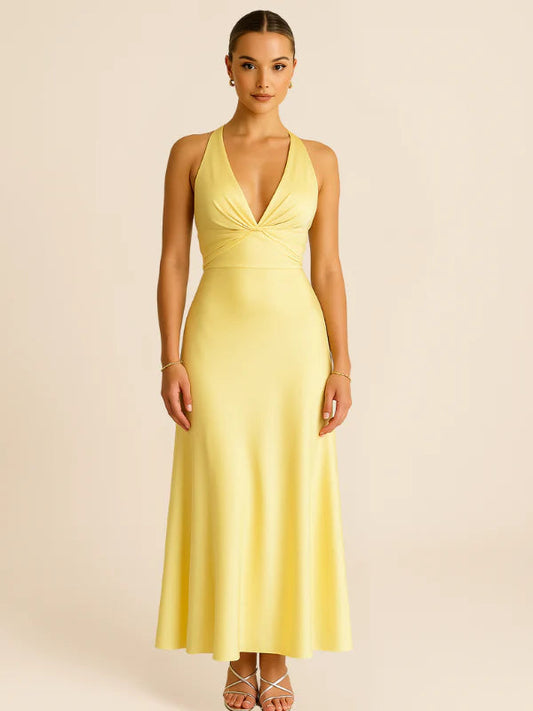 Fabiola | Vestido Maxi Amarillo Sin Mangas Cuello V