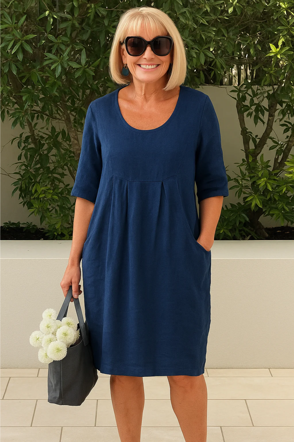 Lienaa - Vestido Midi Con Cuello Redondo y Bolsillo