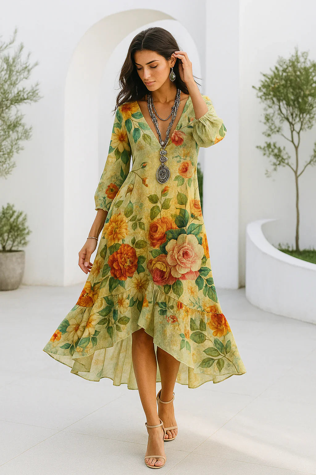 Debra | Vestido MIDI Asimétrico Con Cuello en V Y Estampado Floral