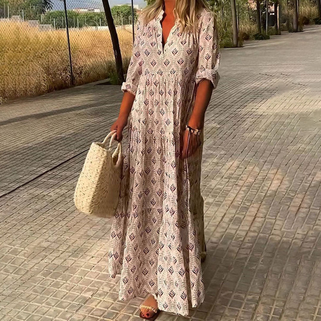 Kadence | Vestido largo Holgado con Estampado y Cuello en V