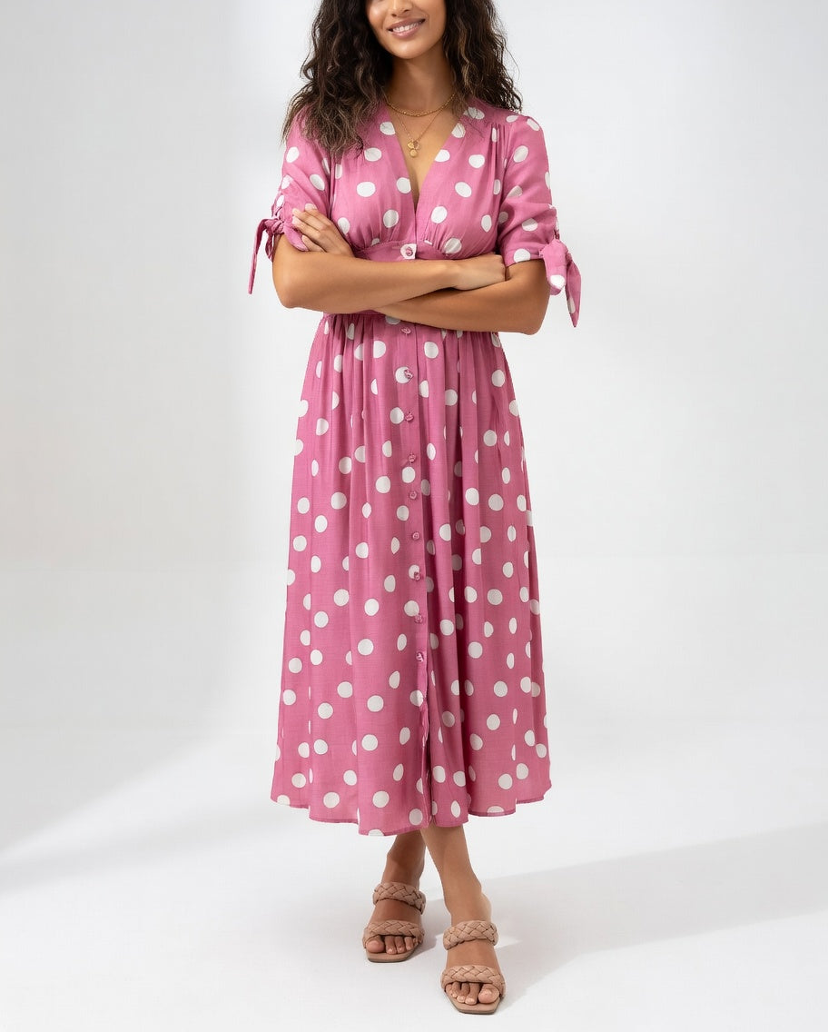 Fabienne | Vestido Midi Con Cuello en V Y Lunares