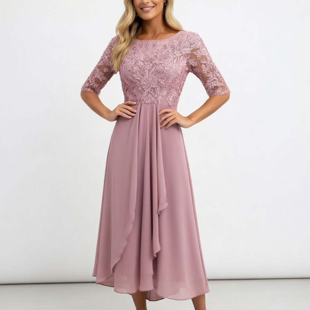 Zerda - Vestido Midi Con Corpiño de Encaje y Manga Media