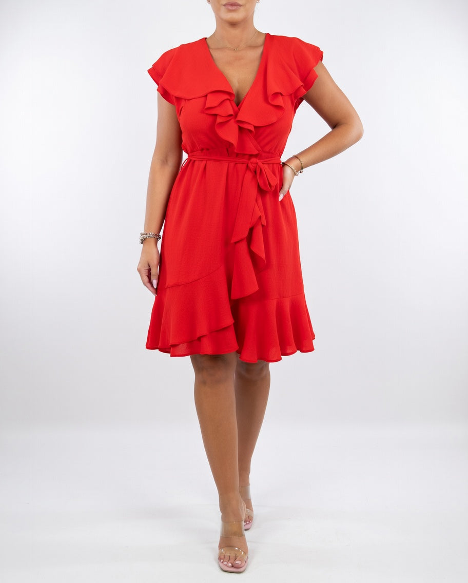 Geiss - Vestido Cruzado Con Volantes Cuello en V y Manga Corta