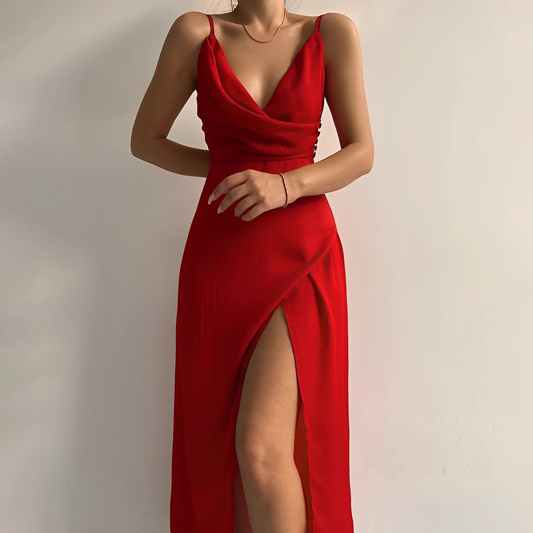 Adelajda | Vestido Largo Escote V Abertura Lateral