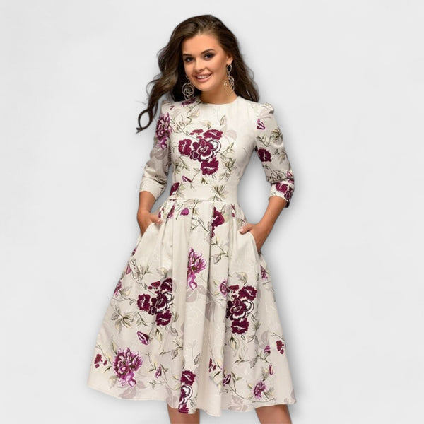 Jeri | Vestido Midi Con Estampado Floral Y Manga Tres Cuartos