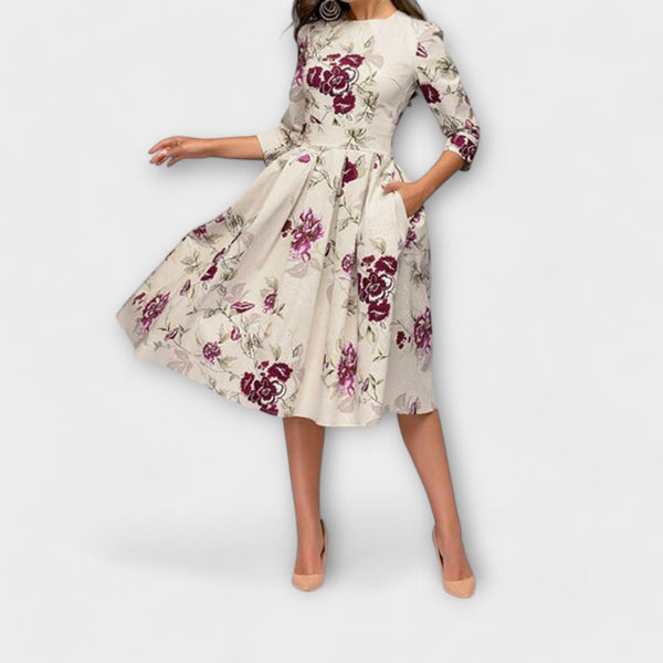 Jeri | Vestido Midi Con Estampado Floral Y Manga Tres Cuartos
