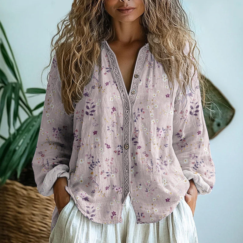 Ereinaa - Blusa de Manga Larga Con Estampado Floral yBbotones