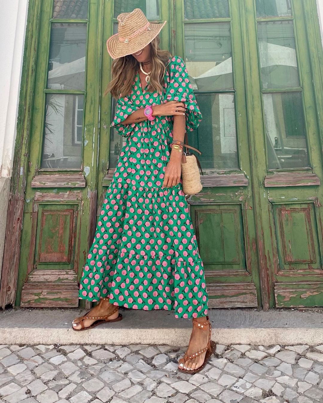 Tessa | Vestido Largo con Cuello en V y Estampado Geométrico