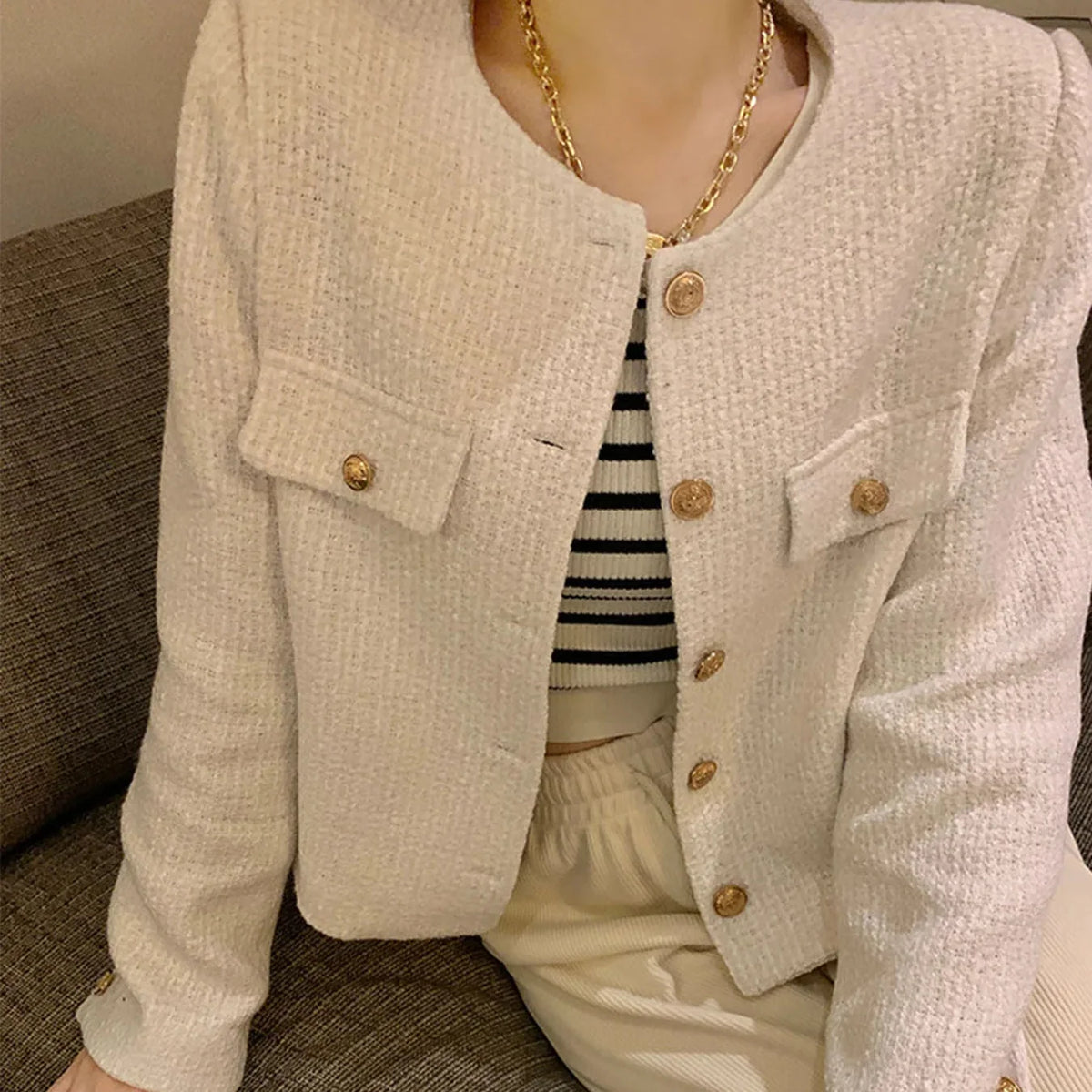 Radmieandra | Chaqueta de Tweed con Botones Dorados