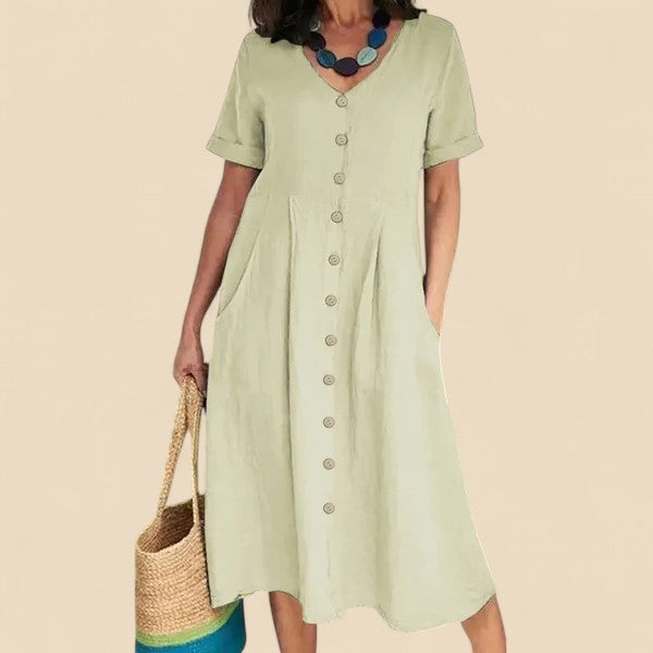 Vivienne | Vestido MIDI Con Cuello en V Y Botones en La Parte Delantera