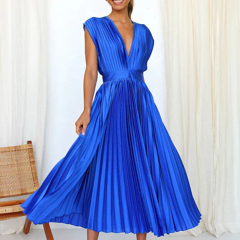 Gonny | Vestido Midi Plisado Sin Mangas Cuello V