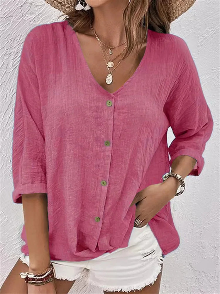 Rosalinda - Blusa de Lino Con Cuello en V y Botones