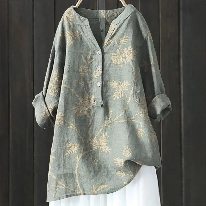 Jovita - Blusa de Manga Larga Con Cuello en V y Estampado Floral