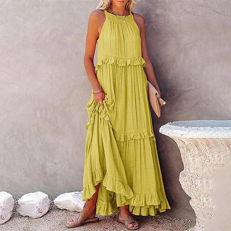 Munalisa | Vestido Maxi Escalonado con Volantes Sin Mangas