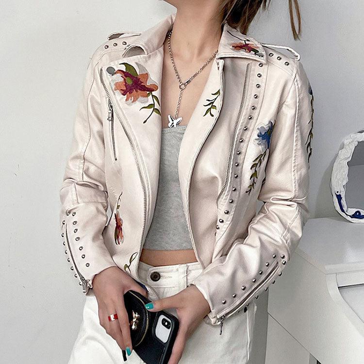 Kymber | Chaqueta Motera Negra Con Bordados Florales