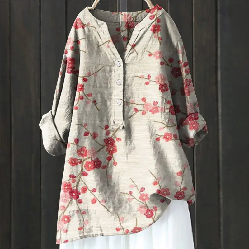 Jovita - Blusa de Manga Larga Con Cuello en V y Estampado Floral