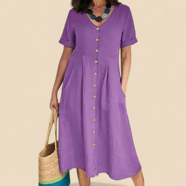 Vivienne | Vestido MIDI Con Cuello en V Y Botones en La Parte Delantera