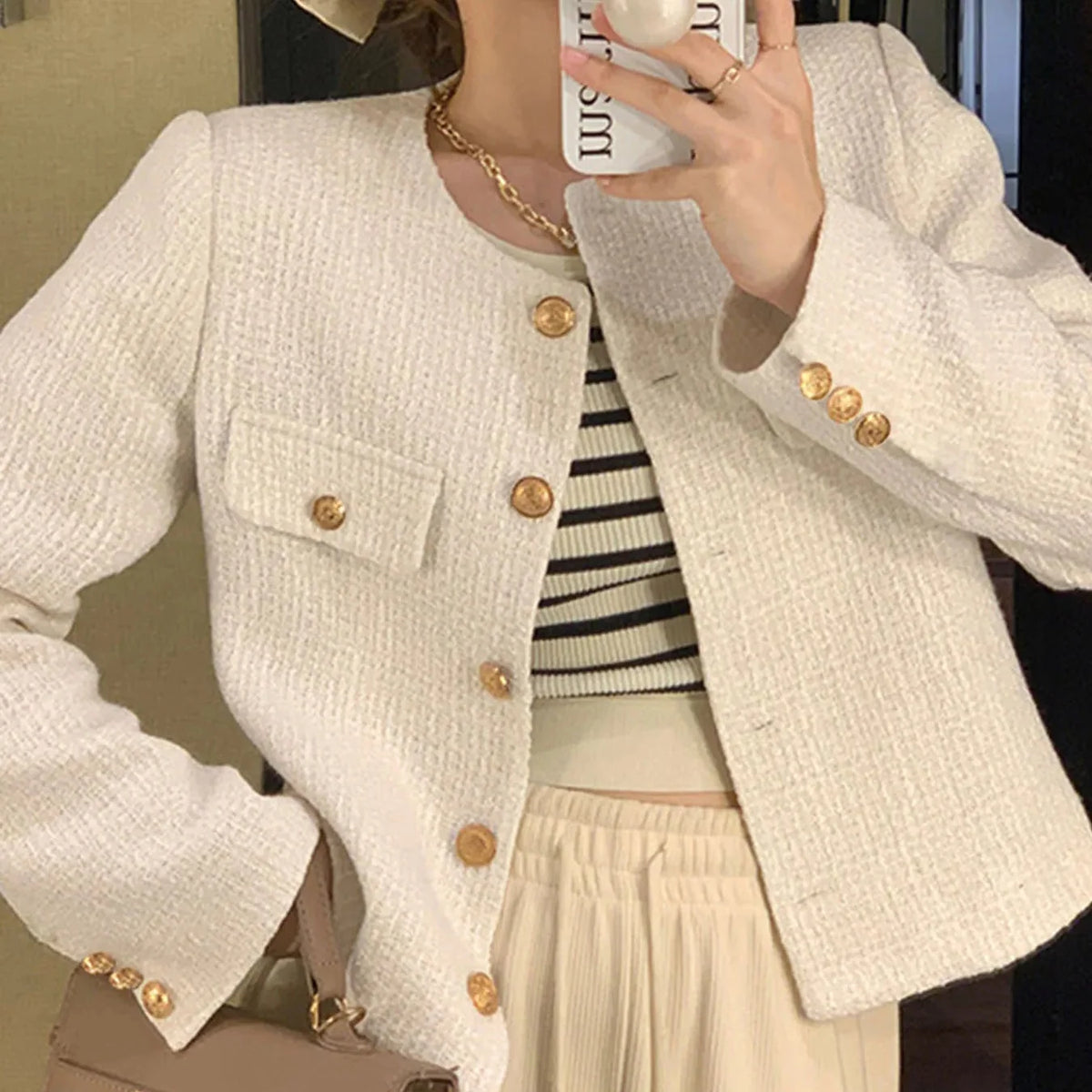 Radmieandra | Chaqueta de Tweed con Botones Dorados