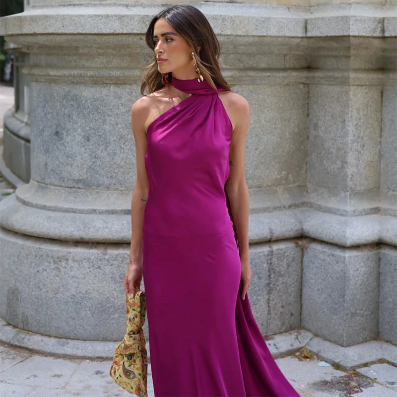 Lucila - Vestido Largo Drapeado Con Cuello Halter