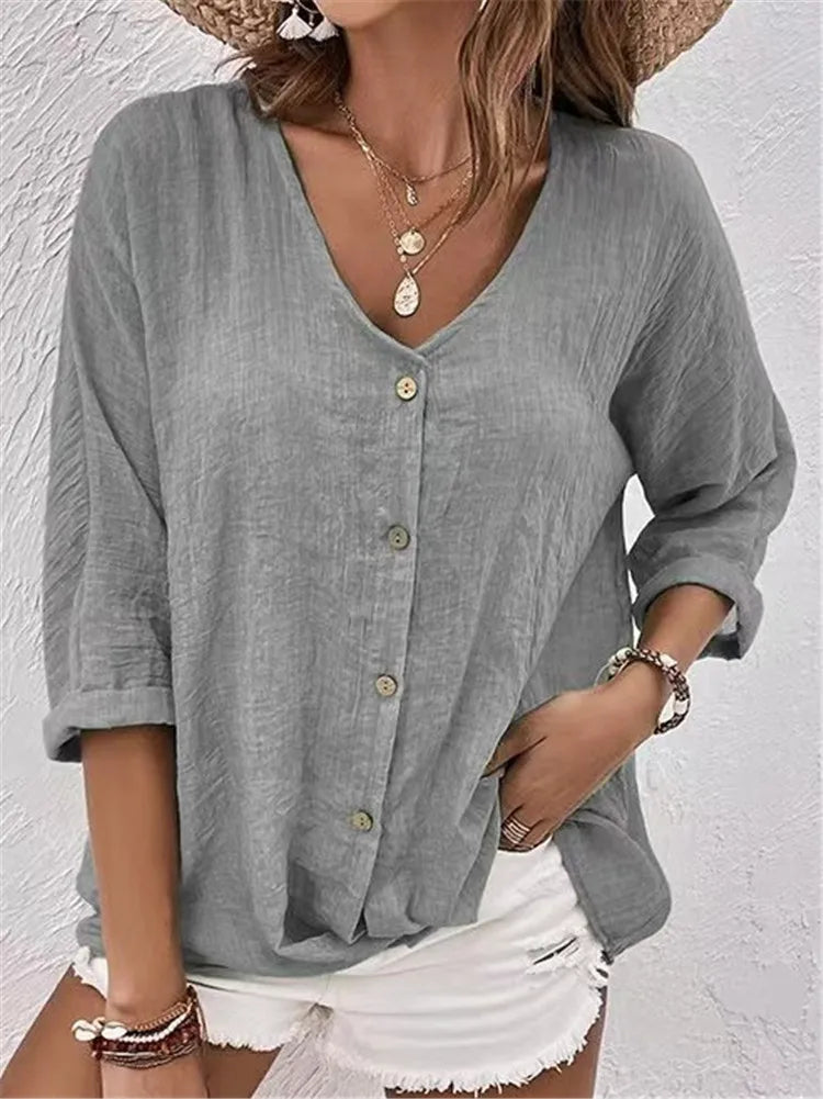 Rosalinda - Blusa de Lino Con Cuello en V y Botones