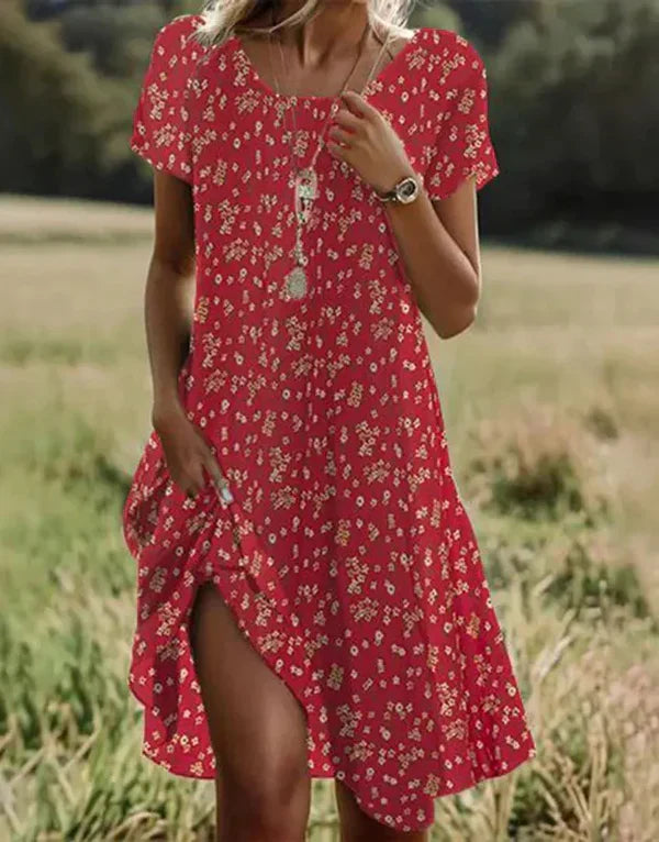 Giovana - Vestido Midi Estampado de Manga Corta