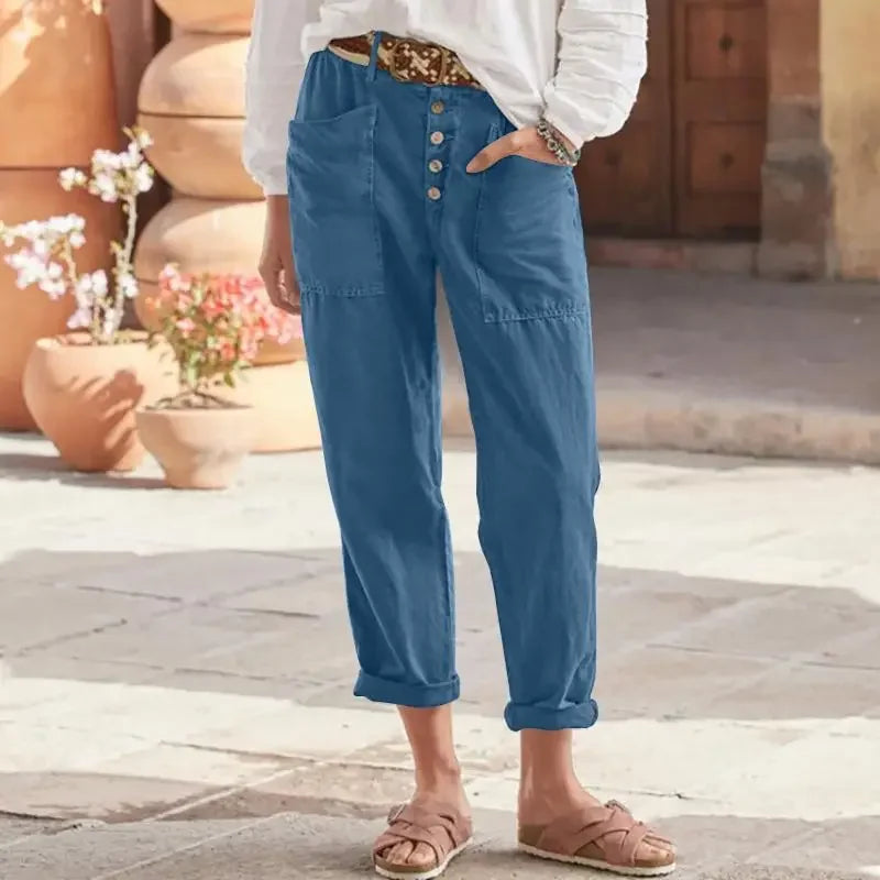 Inge - Pantalones Ajustados Tobilleros Con Botones Frontales y Bolsillos Funcionales