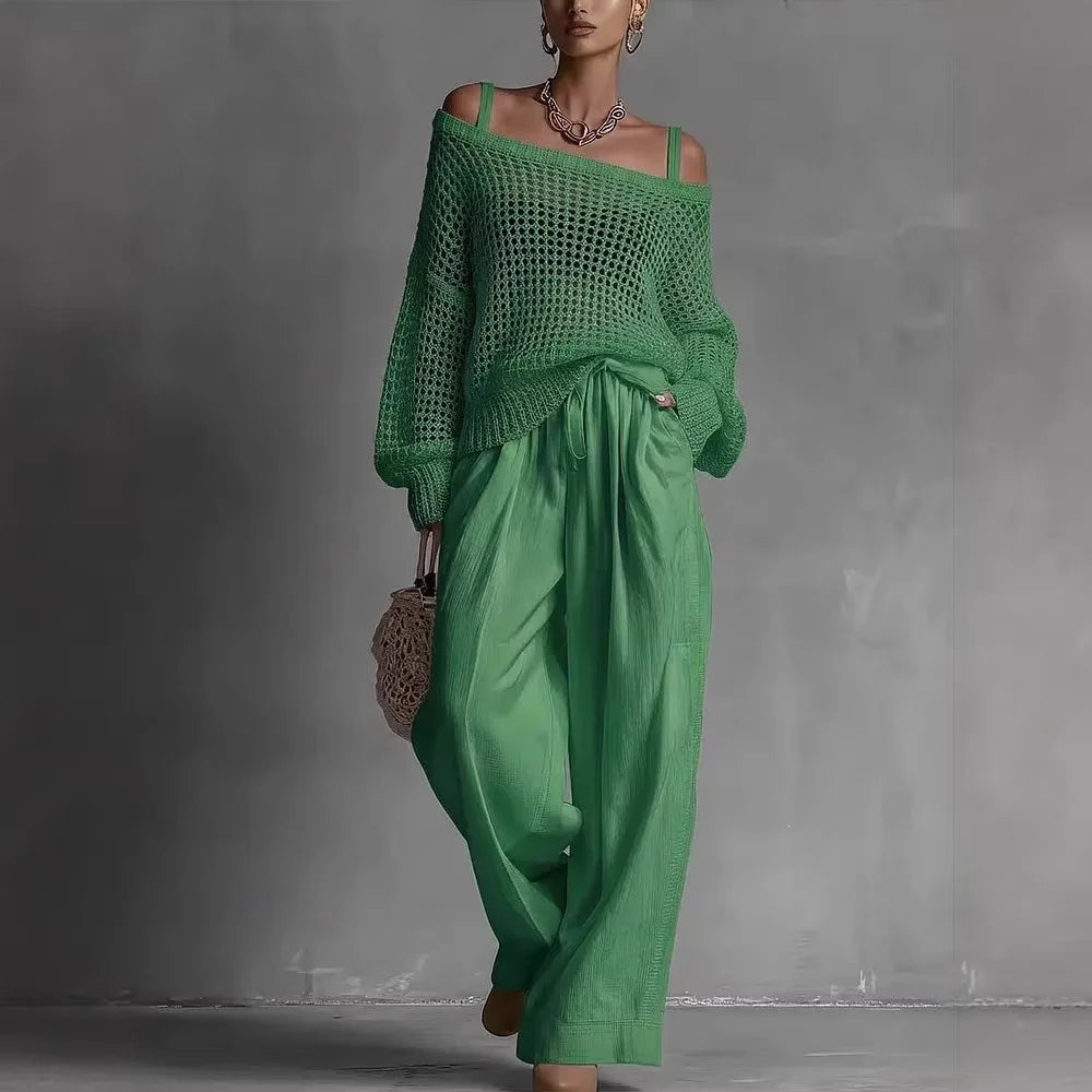 Shaneka | Conjunto De Top De Punto Con Hombros Al Descubierto Y Pantalón De Pierna Ancha