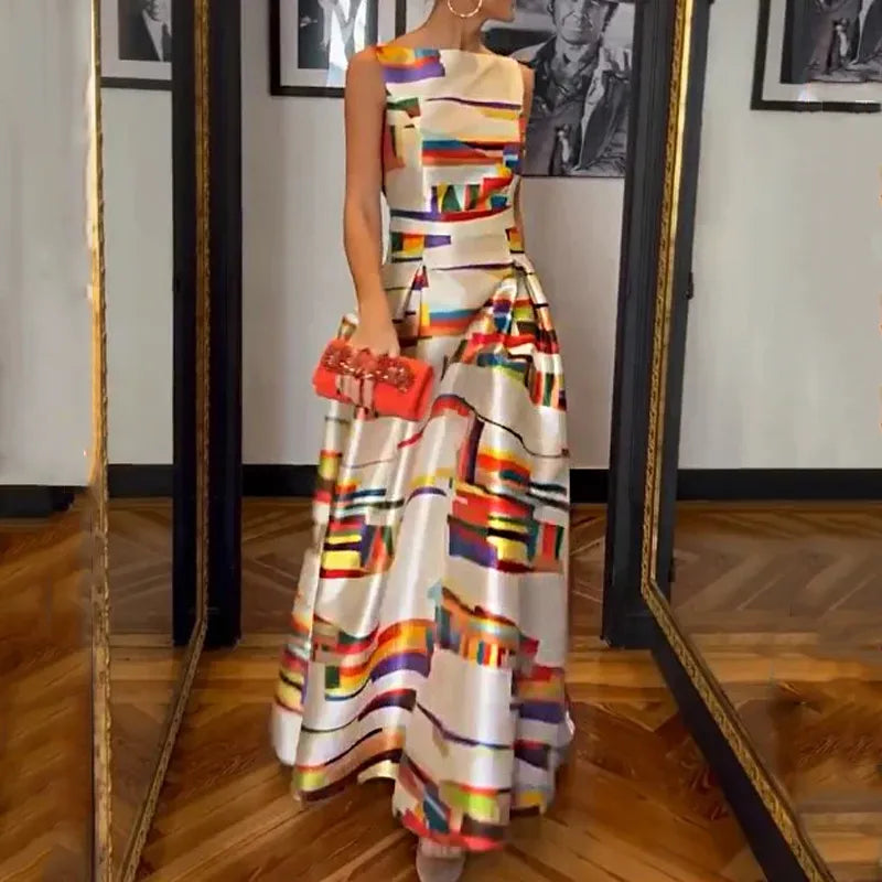 Vivien | Vestido Maxi con Estampado Geométrico Espalda Abierta