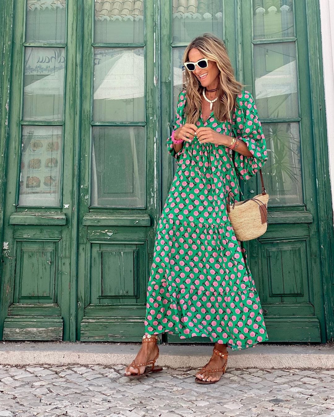 Tessa | Vestido Largo con Cuello en V y Estampado Geométrico