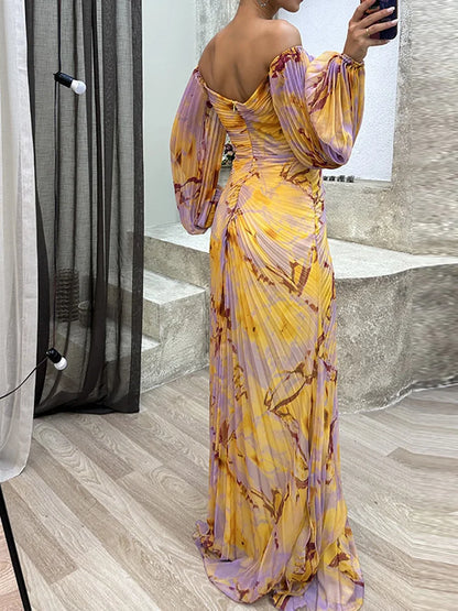Hileni | Vestido Largo Con Estampado Plisado Y Hombros Descubiertos