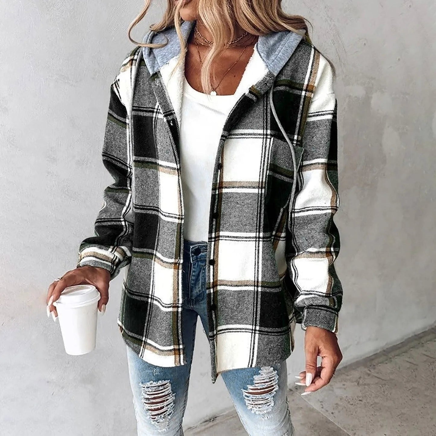 Katherina | Chaqueta Tipo Camisa a Cuadros Con Capucha Y Botones
