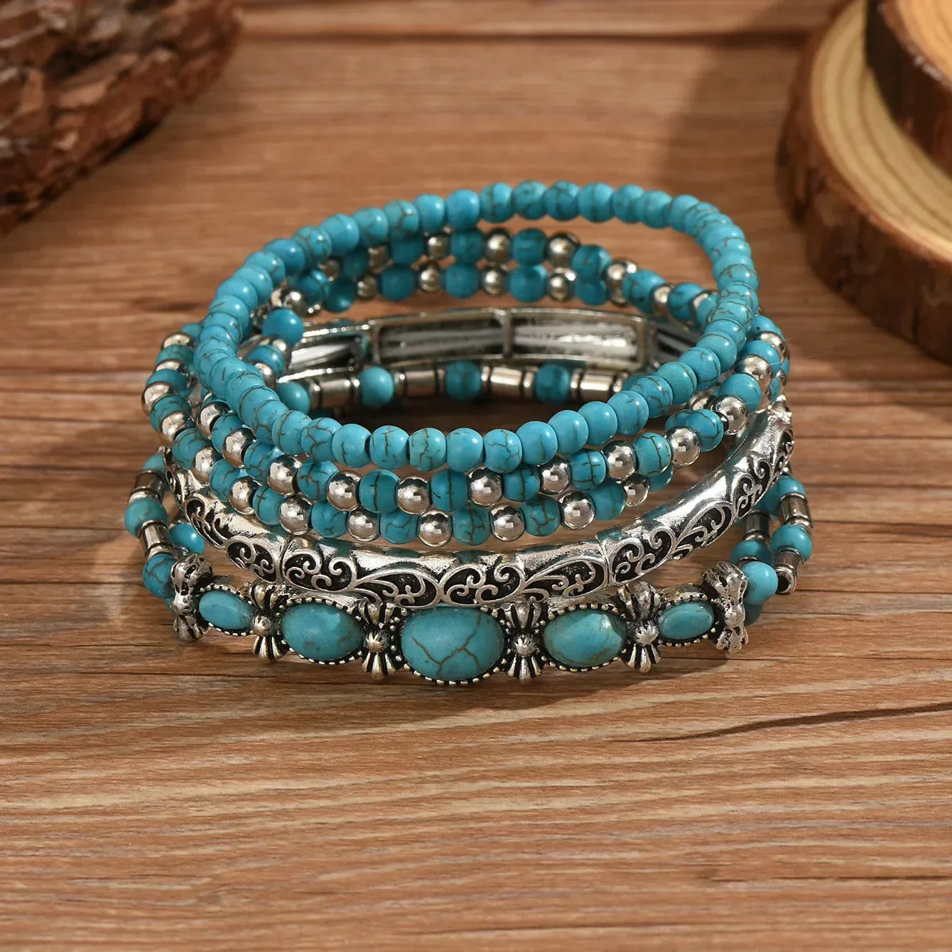 Nilay - Conjunto de Pulseras Boho en Capas Con Cuentas Turquesas