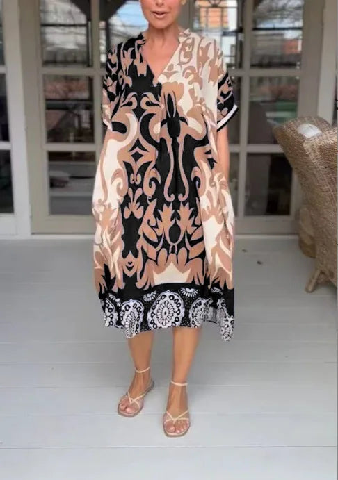 Rilana | Vestido Midi Holgado Estampado Cuello V