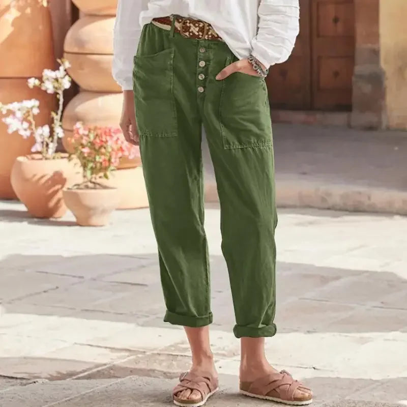 Inge - Pantalones Ajustados Tobilleros Con Botones Frontales y Bolsillos Funcionales