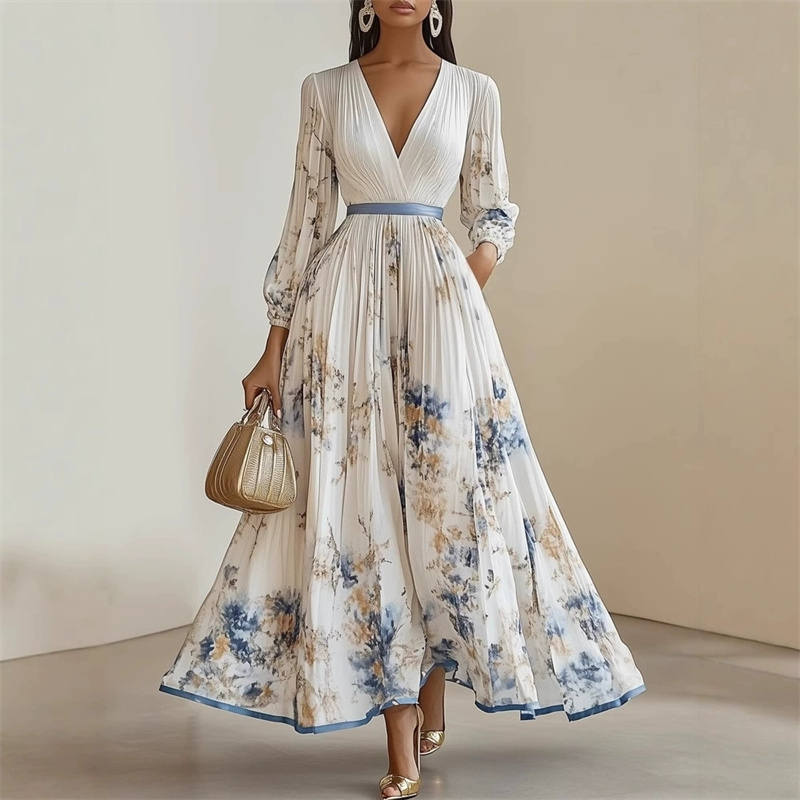 Pramudi | Vestido Largo De Manga Larga Con Cuello en V Y Pliegues Florales