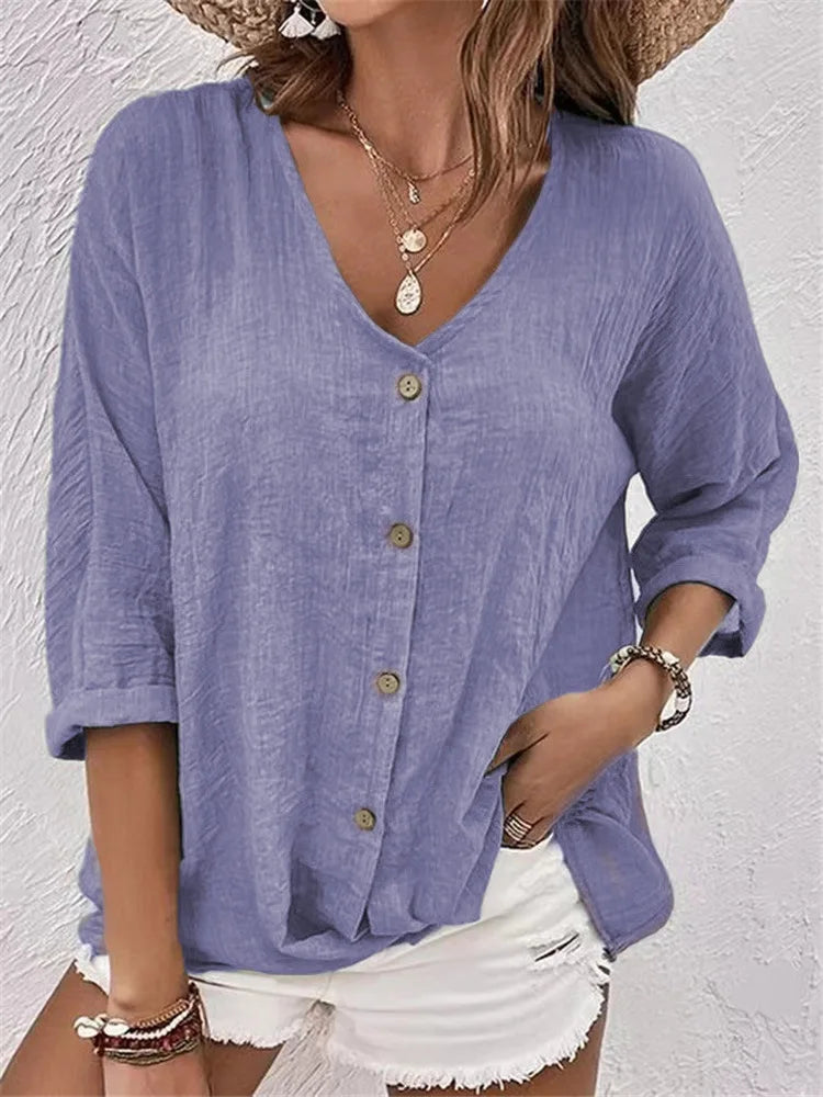 Rosalinda - Blusa de Lino Con Cuello en V y Botones