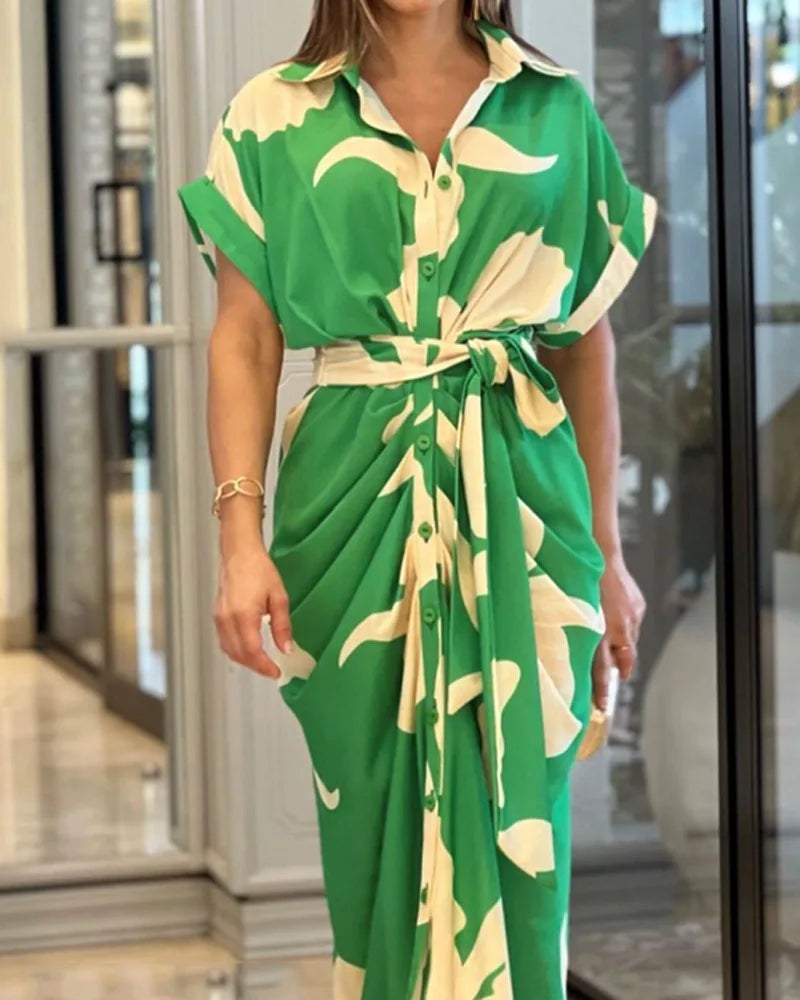 Wiora | Vestido Midi Camisero Estampado con Cinturón