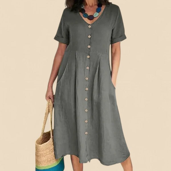 Vivienne | Vestido MIDI Con Cuello en V Y Botones en La Parte Delantera